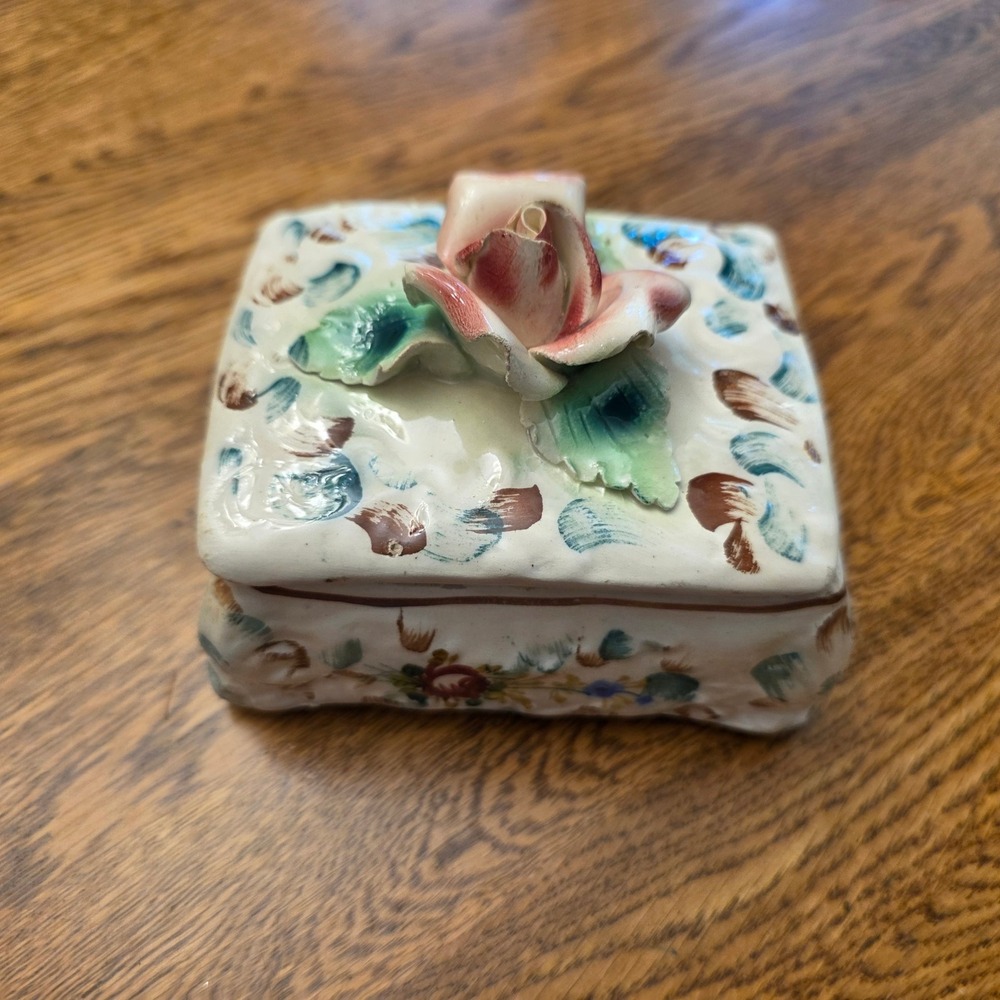 Vintage Italy Hand Painted Ceramic Trinket Box 3D Rose Lid Floral Jewelry Dish
